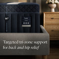 Detail shot of the DreamCloud Luxe mattress emphasizing its 14-inch profile and targeted tri-zone support for back and hip pressure relief.
