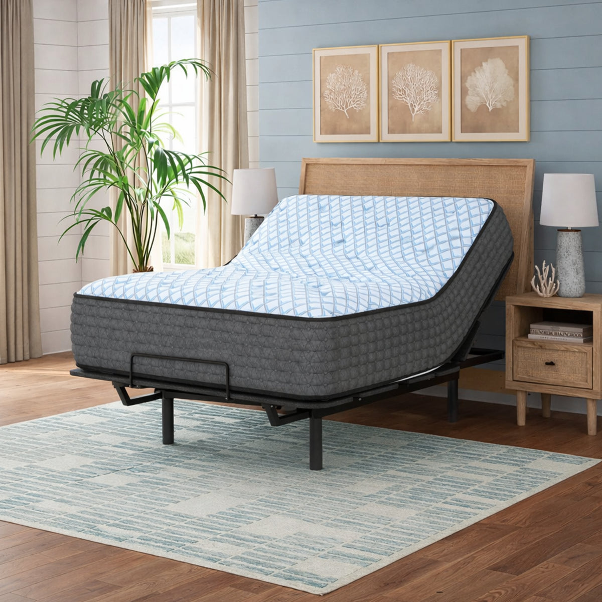 Destin Cove 15 Inch Plush Mattress on an adjustable base with head elevated for reading or sleeping comfort.
