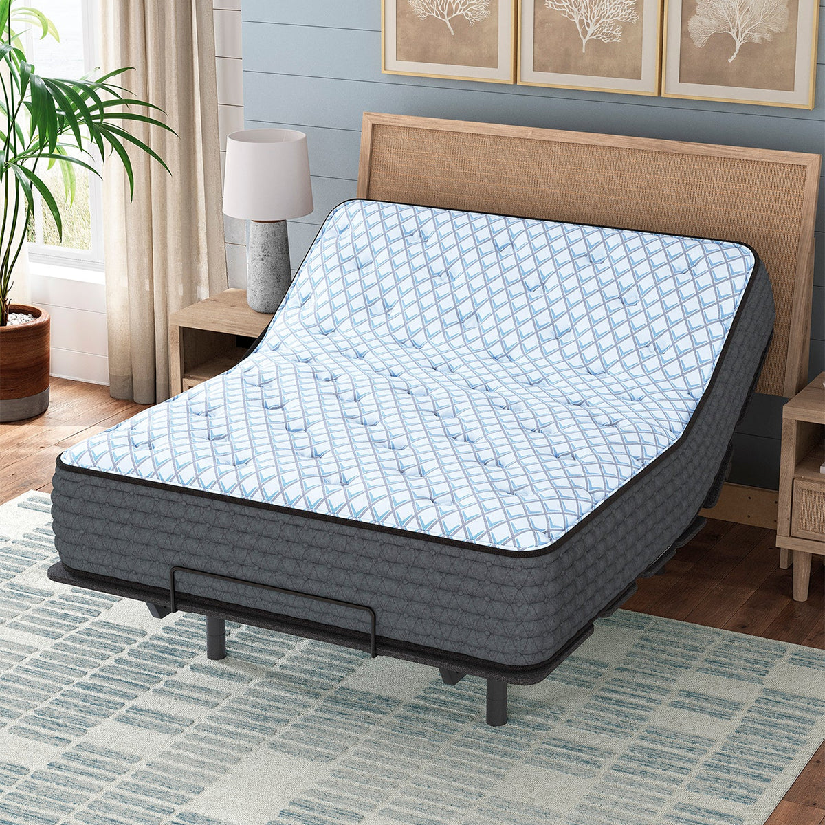 Destin Cove 15 Inch Firm Mattress by Ashley shown on an adjustable power base, close elevated view.