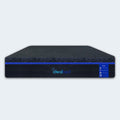 S4 Nebula Luxury Hybrid Mattress front view featuring black diamond-quilted fabric and vibrant blue accent trim.