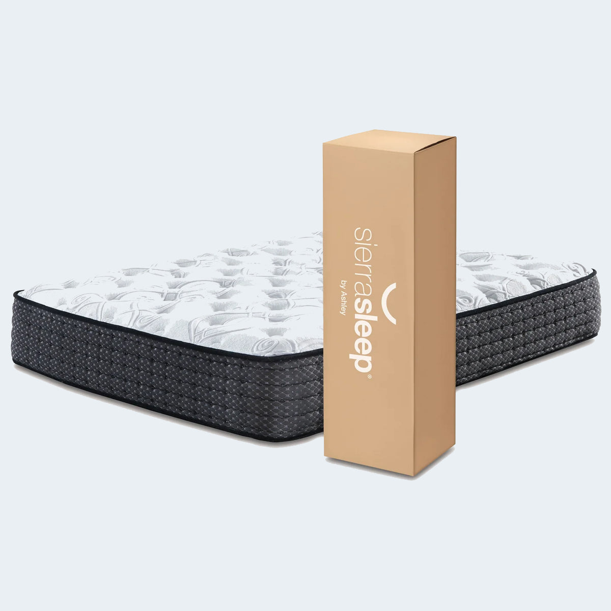 Sierra Sleep Limited Edition Firm Mattress next to its compact mattress-in-a-box packaging.