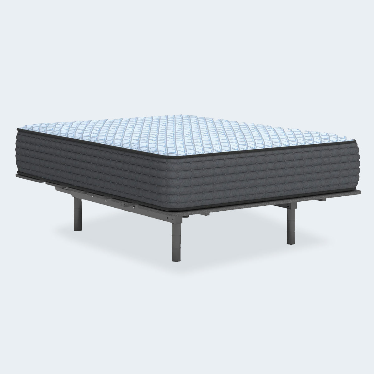 Side view of the Destin Cove 15 Inch Mattress by Ashley on a sleek platform frame in a studio setting.
