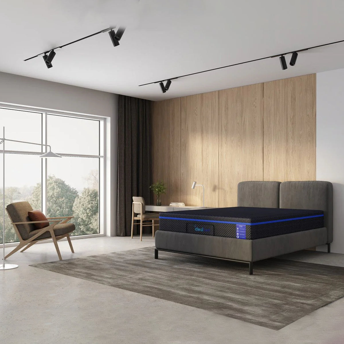 Medium Soft 12 inch Hybrid Mattress in a minimalist bedroom setting on a dark grey platform bed.