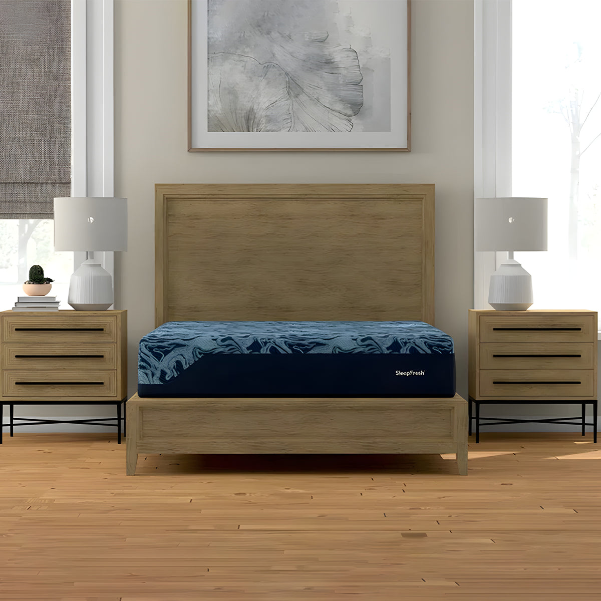 Front view of the Sleep Fresh 12-inch Cyprus Latex Mattress centered on a wooden platform bed frame.