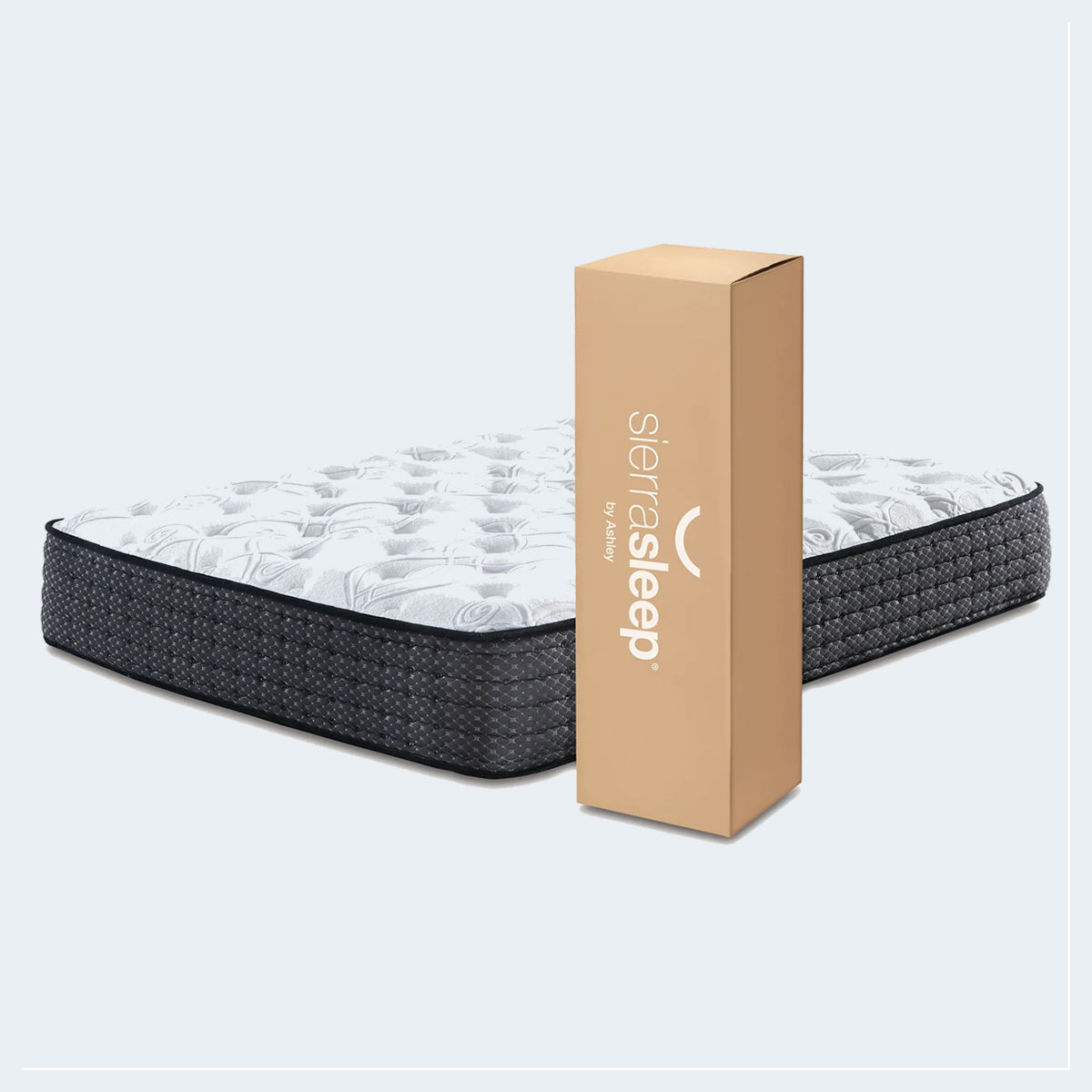 Ashley Sierra Sleep 12 Inch Plush Mattress shown with its compact mattress-in-a-box shipping carton.
