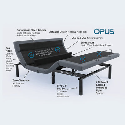 Customatic The Smart Bed Opus, Pillow Tilt, Massage, Zero Clearance, Lumbar Support, USB, Wireless Adjustable Base