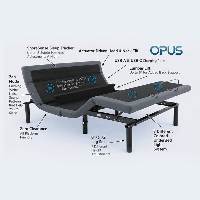 Customatic The Smart Bed Opus, Pillow Tilt, Massage, Zero Clearance, Lumbar Support, USB, Wireless Adjustable Base