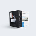 Malouf Five Sided HyperChill mattress protector box highlighting cooling tech and waterproof protection.
