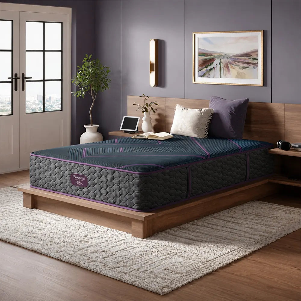 Beautyrest World Class Level Three 13-inch Medium Hybrid Mattress on a modern wooden frame for balanced support.