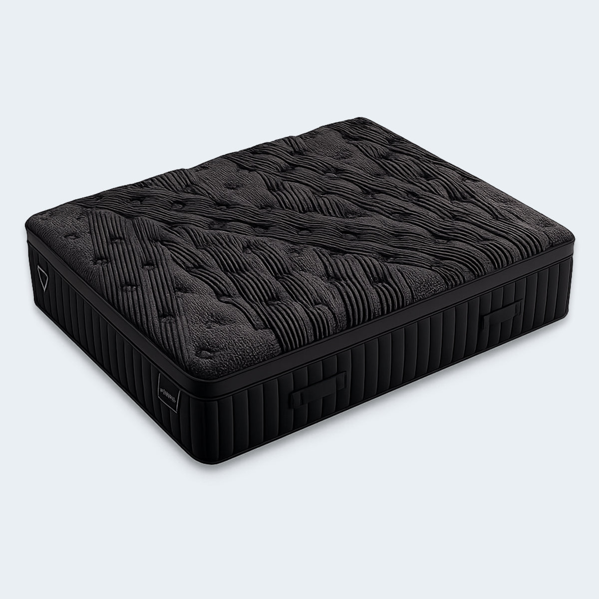 Angled top view of the Black Diamond Lux 15-inch mattress showing its unique black wave-textured quilted Euro top surface.
