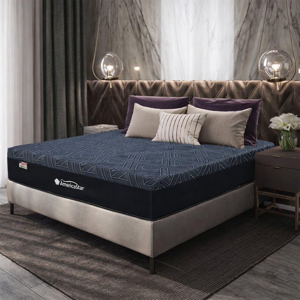 Luxury master bedroom featuring the Americanstar Wave 14.5-inch Plush Hybrid Mattress on a modern upholstered bed frame with designer lighting and decor.
