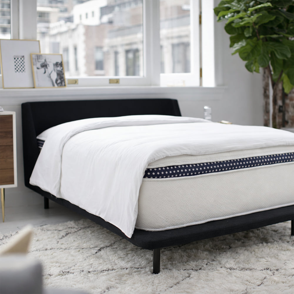 Luxury bedroom lifestyle shot featuring the WinkBed Firmer 13.5-inch hybrid mattress styled on a modern black minimalist bed frame.
