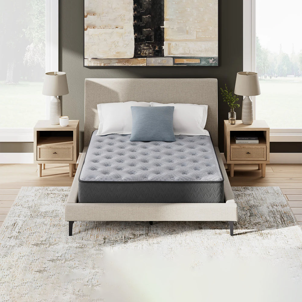 Symmetrical front-facing view of the Comfort Plus 10 Inch Medium Mattress in a master bedroom, designed for superior cooling and stability.
