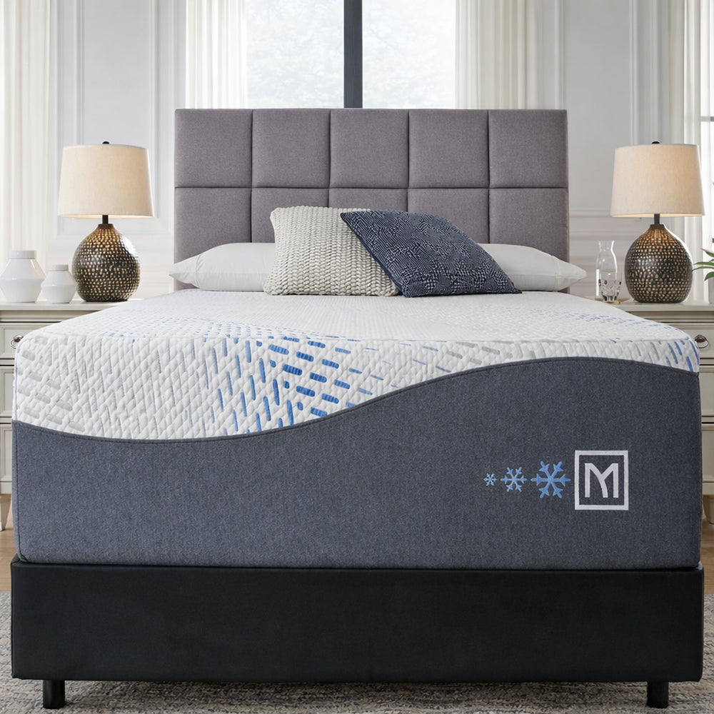 Overhead top-down view of the Millennium Luxury Gel Memory Foam Mattress surface highlighting the breathable cooling performance fabric and quilted wave pattern.
