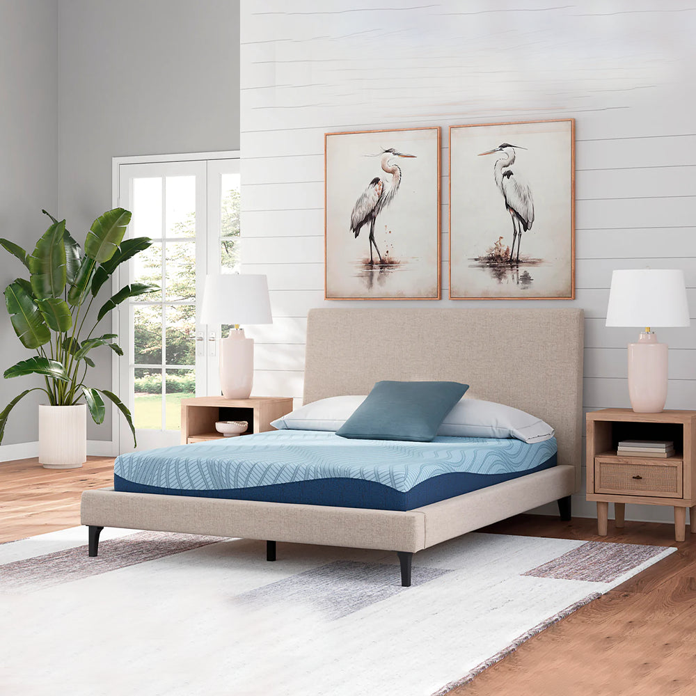 Angled view of the Peak 2.0 Memory Foam 8-inch Mattress in a modern bedroom interior, optimized for back sleepers and platform frames.
