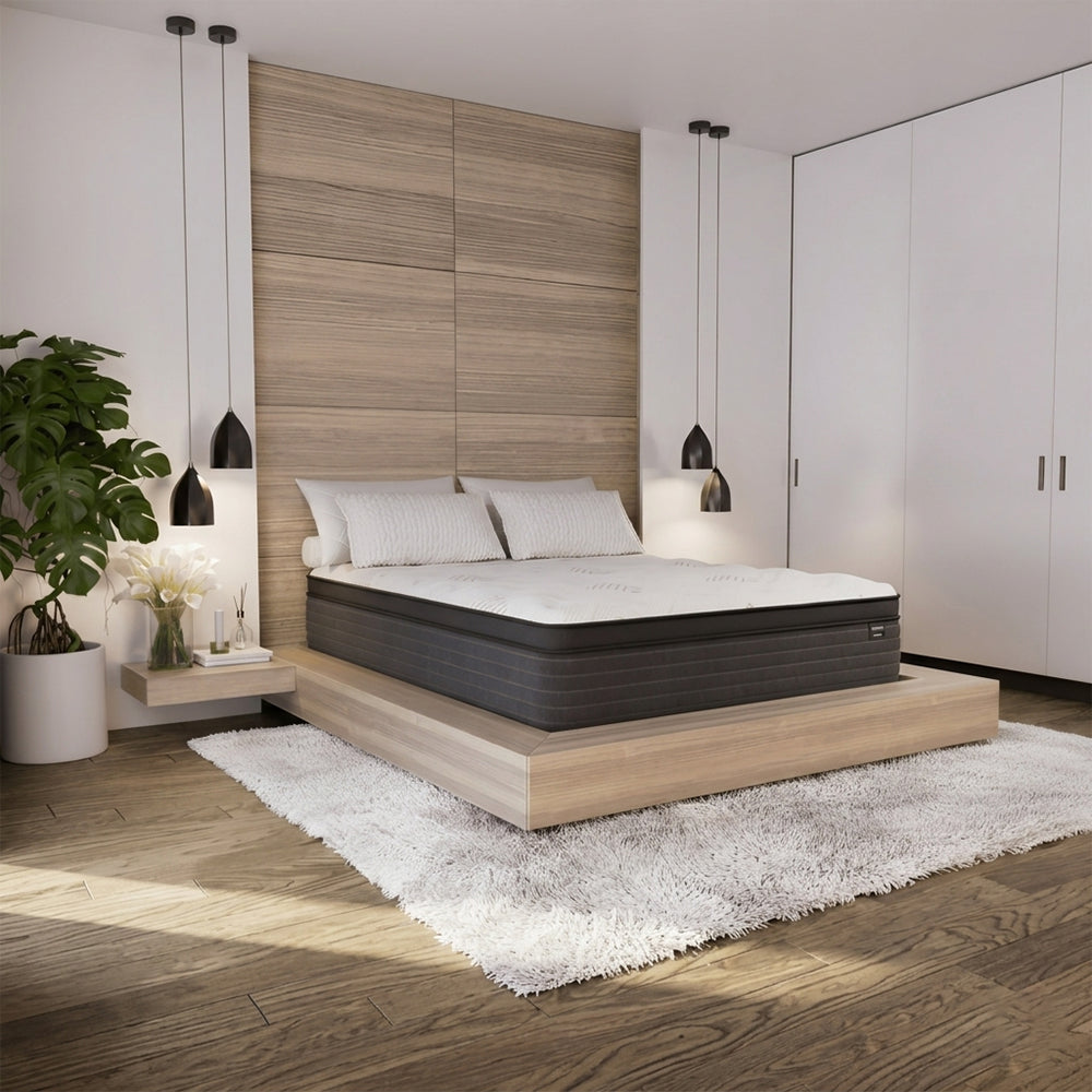 Contemporary luxury bedroom featuring the Diamond Mattress Dreamstage 2.0 Gilded Quilted 14-inch mattress for superior cooling comfort and motion isolation.
