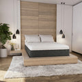 Modern bedroom interior featuring the Dreamstage 2.0 Gilded Hybrid 13 inch mattress styled on a minimalist wooden platform bed frame.
