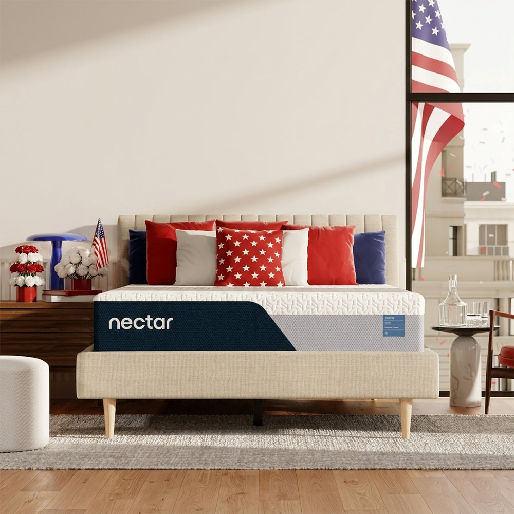 Symmetrical frontal view of the Nectar Classic 12-inch Firm Memory Foam Mattress styled in a luxury modern bedroom setting.
