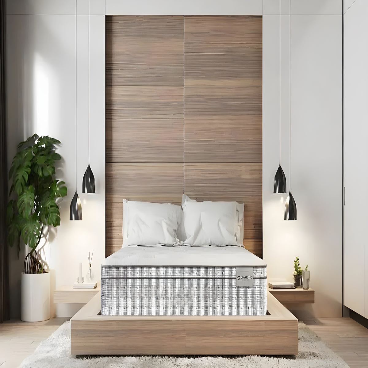 Diamond Monaco Tufted Euro Top Mattress in a master bedroom setting with 15 inch tall profile.