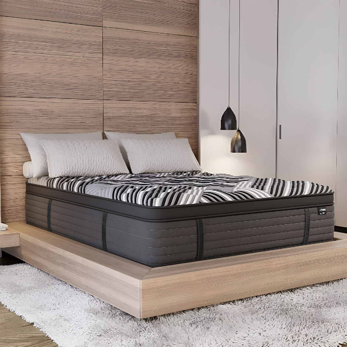 Side view of the Diamond Dreamstage Hybrid Mattress on a wood platform bed showcasing its 14 inch profile height.