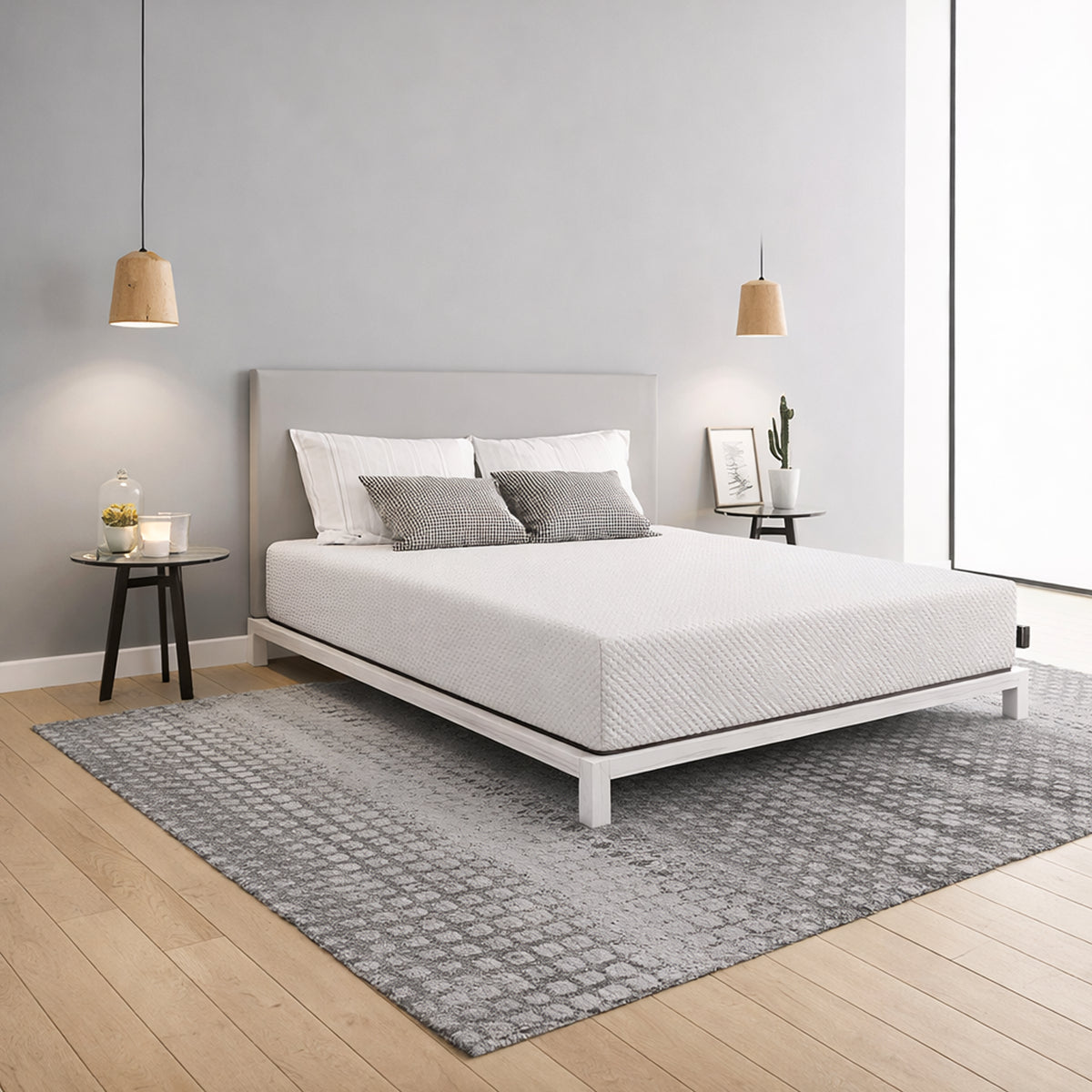 Stylish master bedroom featuring the Ease Medium Gel Memory Mattress by Diamond for a comfortable night of sleep.