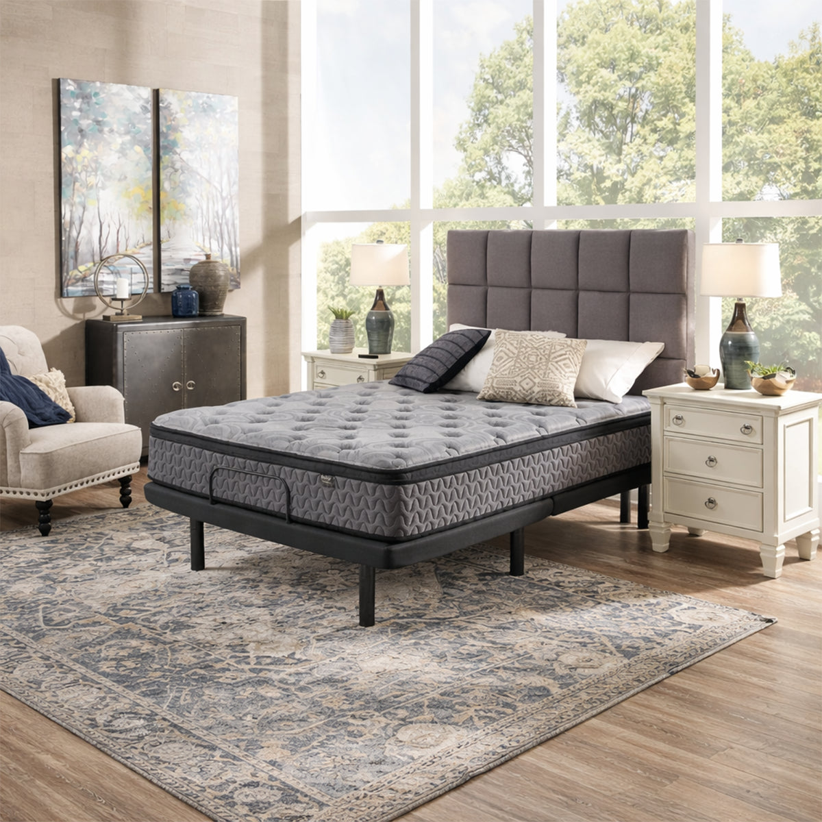 Augusta 12 inch Firm Pillow Top Mattress in bedroom setting on a modern black bed frame with grey headboard.