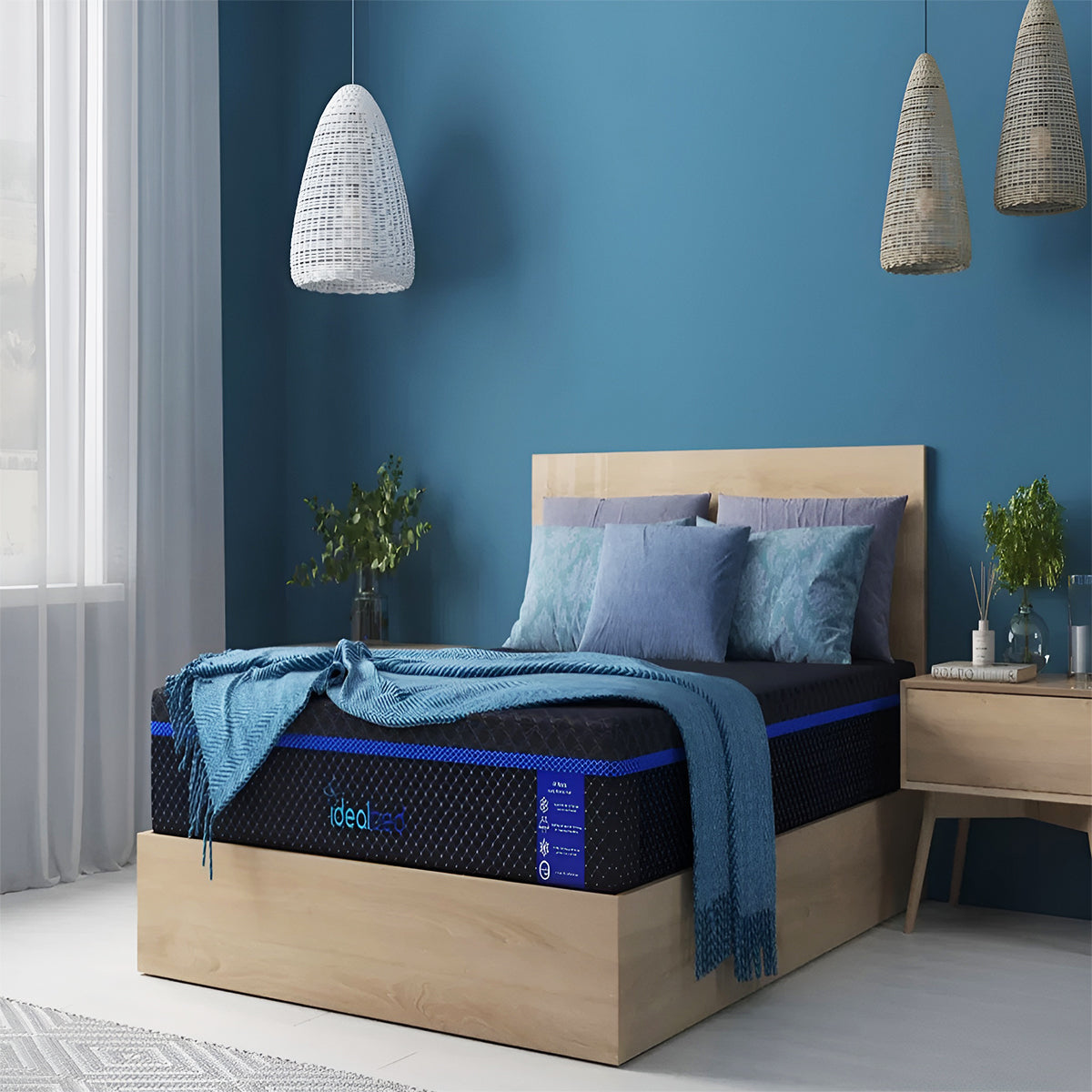 Firm G4 Nova Memory Foam Mattress on a modern grey upholstered bed frame shown in a minimalist designer bedroom.