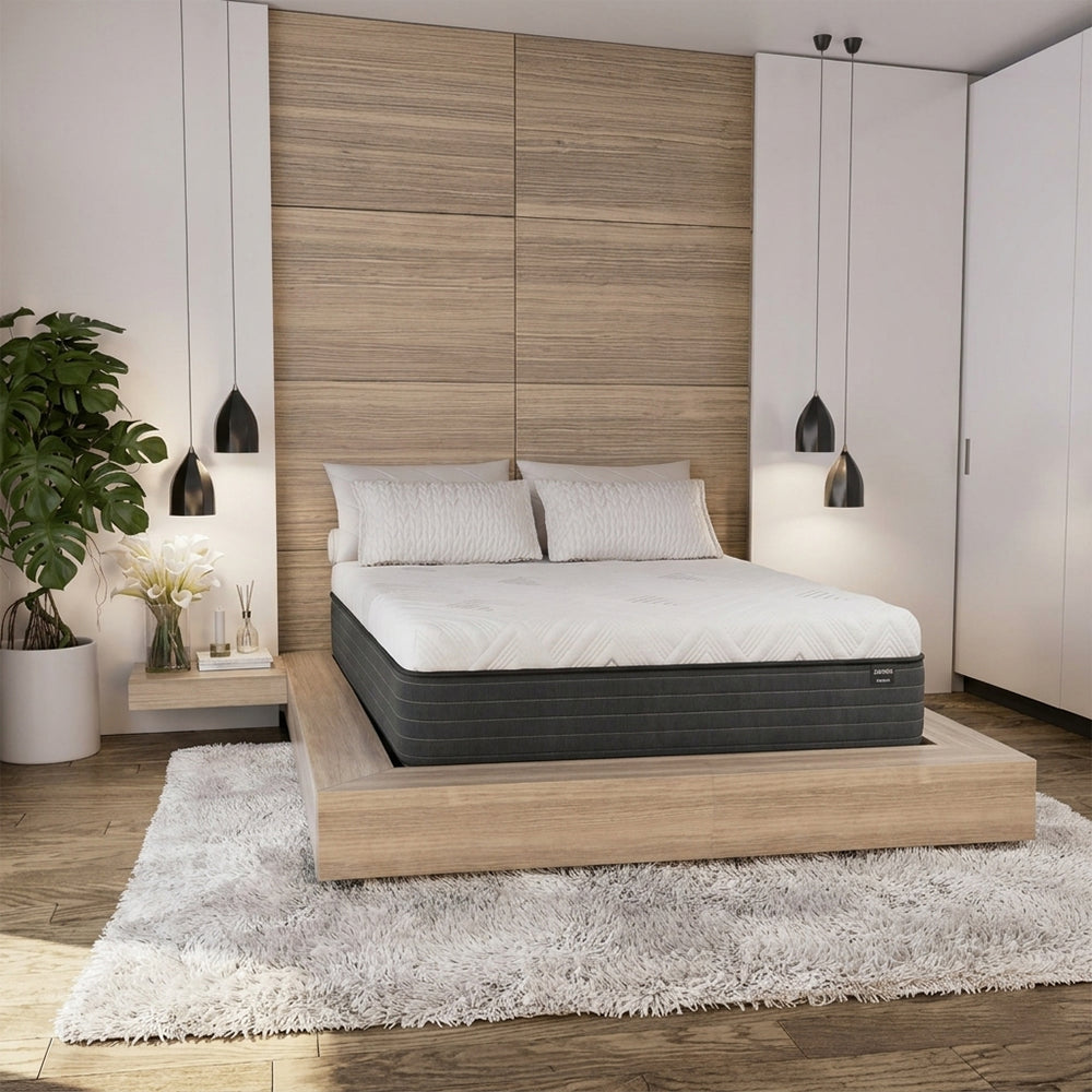 Contemporary bedroom interior featuring the Diamond Mattress Dreamstage 2.0 Gilded All Foam mattress designed for cooling comfort and motion isolation.
