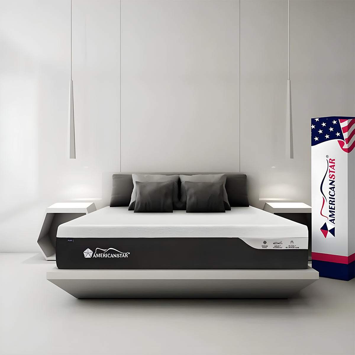 Full bedroom setting with the 10” Medium Memory Foam Latex Mattress and branded Americanstar packaging for home delivery.