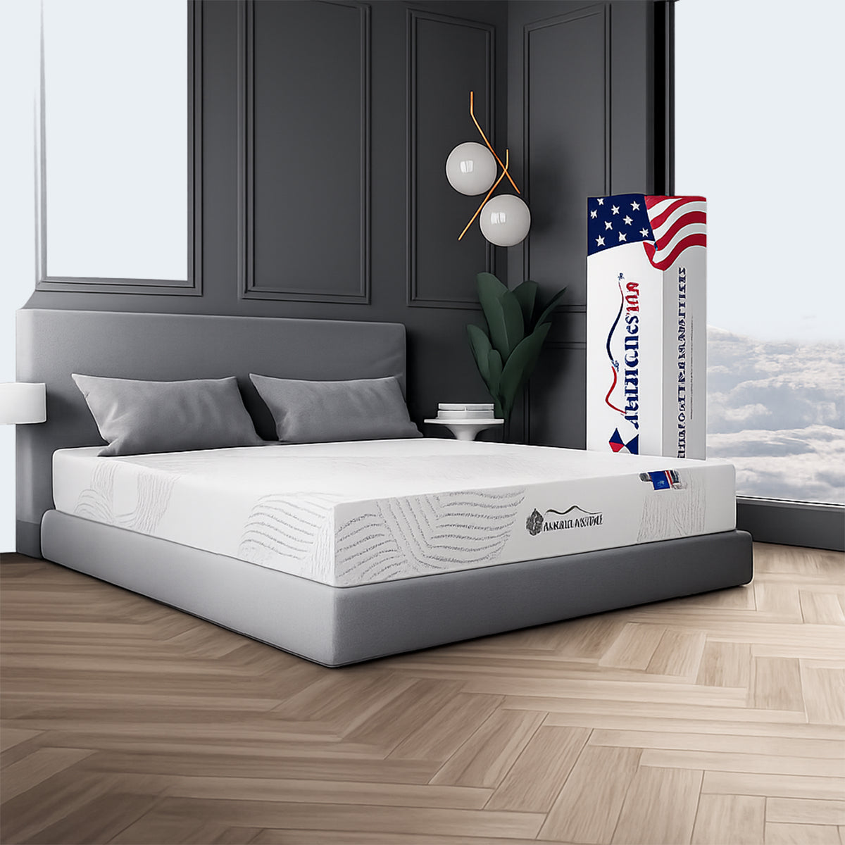 Bedroom setting for the 8” Medium Cool Gel Memory Foam Mattress with branded box for convenient home delivery.