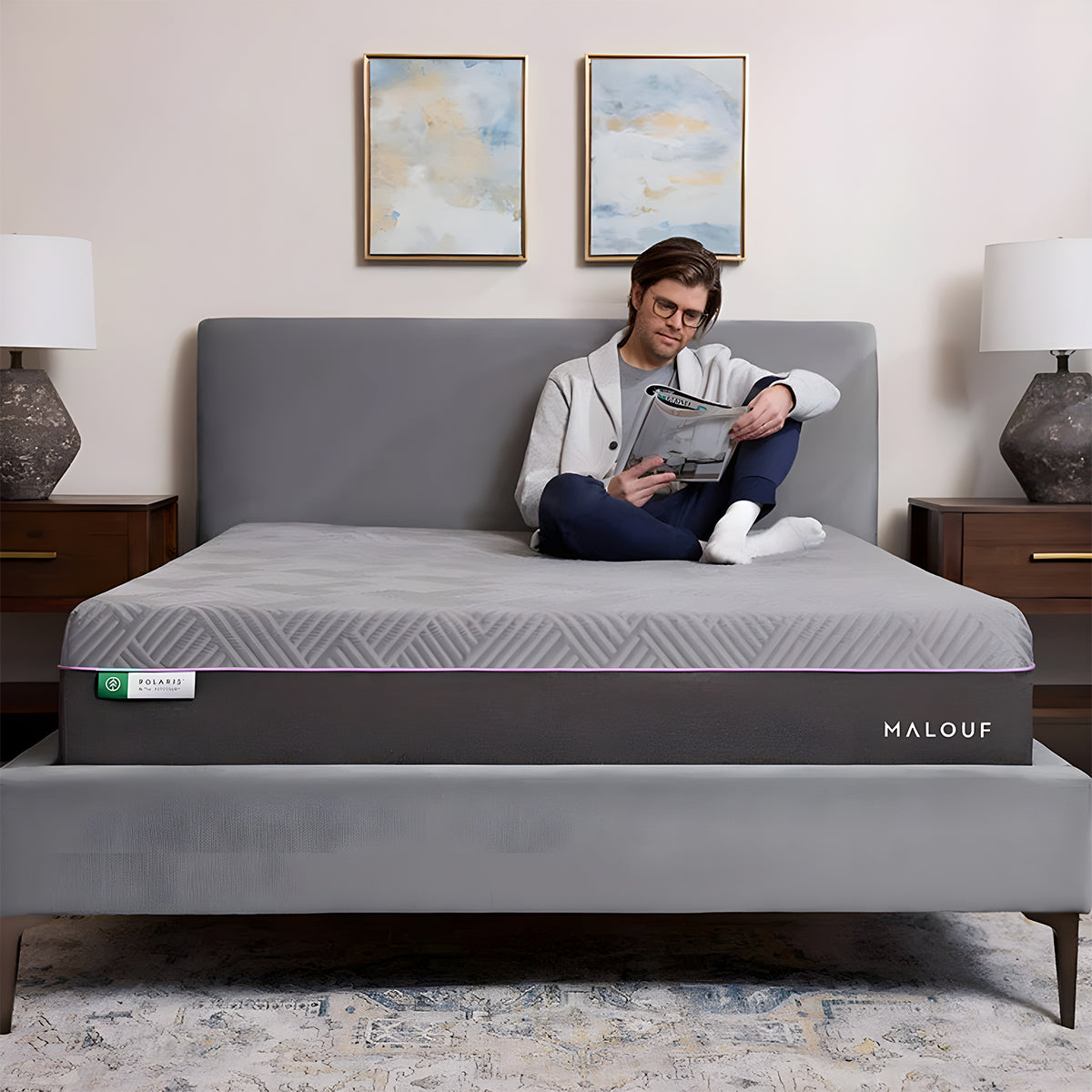 Wide angle view of the Polaris 12" Aeroflex Hybrid Mattress styled in a luxury bedroom with modern decor.
