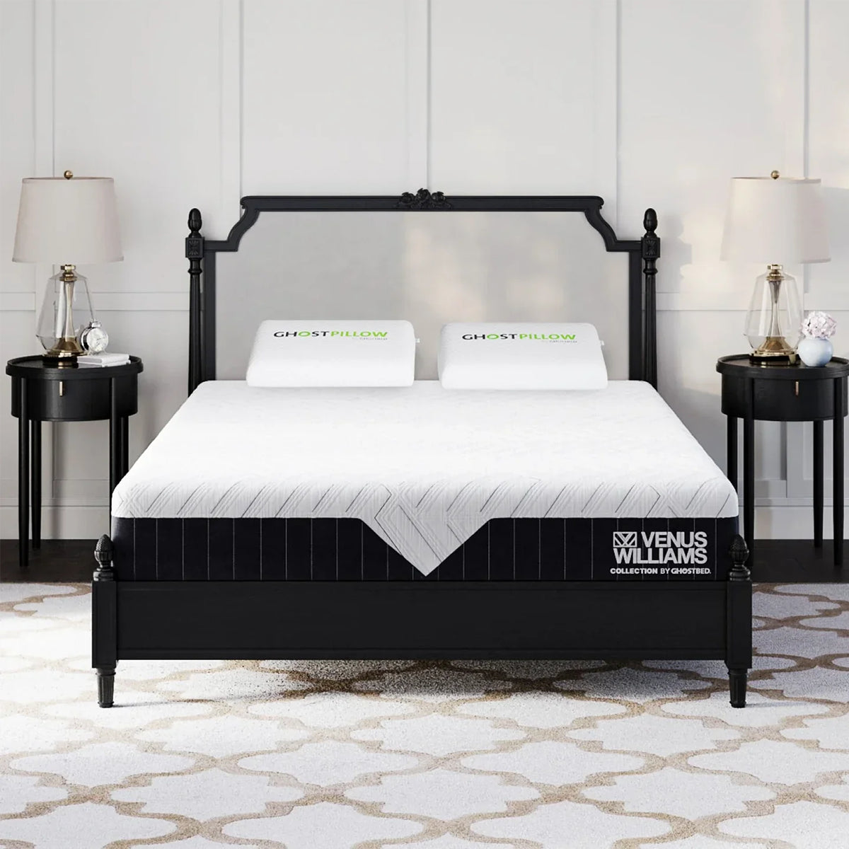 Venus Williams Legend Hybrid Mattress in bedroom setting, front view of the 14-inch profile on a cream frame.