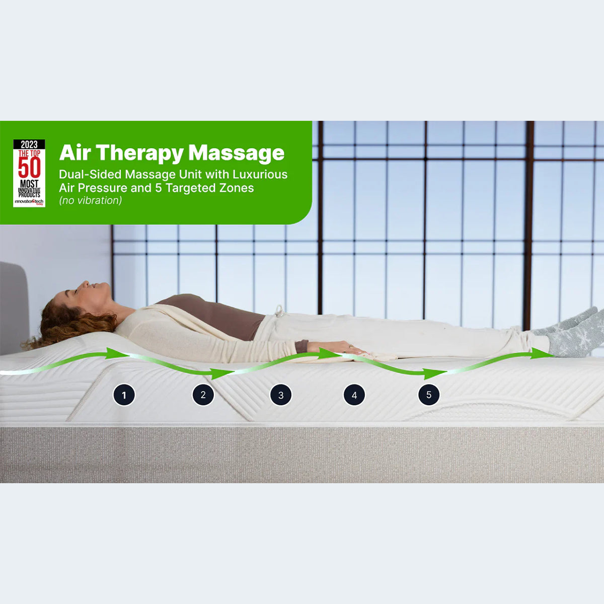 GhostBed 12" Massage Medium Hybrid Mattress side view demonstrating 5 zones of targeted air therapy massage.