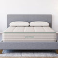 Full front view of the Sage Organic Latex 12-inch medium hybrid mattress styled in a modern master bedroom on a contemporary grey platform bed.
