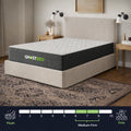 Angled view of the GhostBed 10-inch mattress on a beige bed frame with a scale highlighting its medium-firm comfort level.
