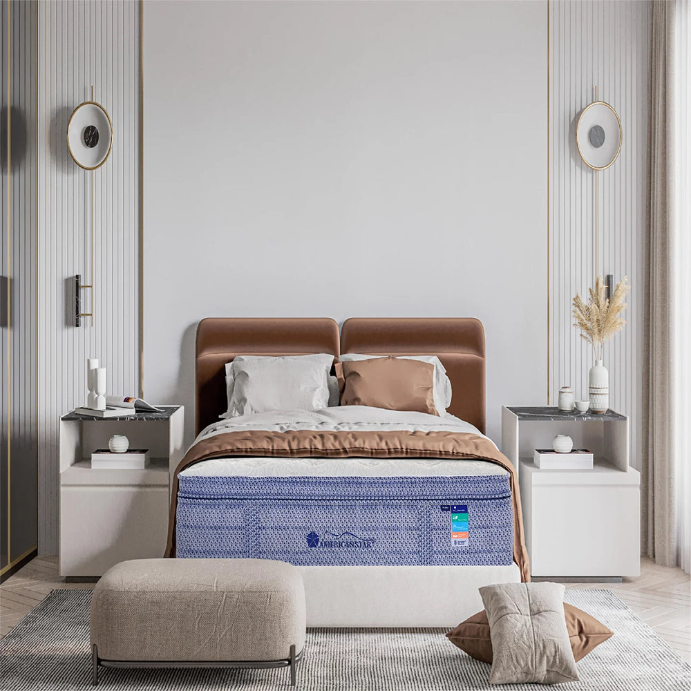 Modern master bedroom design featuring the Americanstar Bluesky 14-inch Lux Box Top Mattress styled on a designer platform bed with warm neutral accents.
