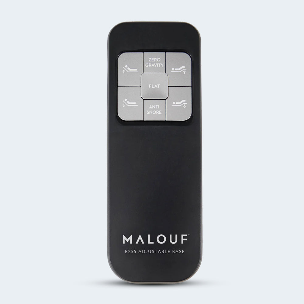 Wireless remote control for the Malouf E255 adjustable bed base featuring Zero Gravity and Anti-Snore preset buttons.
