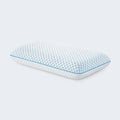 Malouf Hyperchill gel memory foam pillow with a white quilted cooling cover and teal piping.
