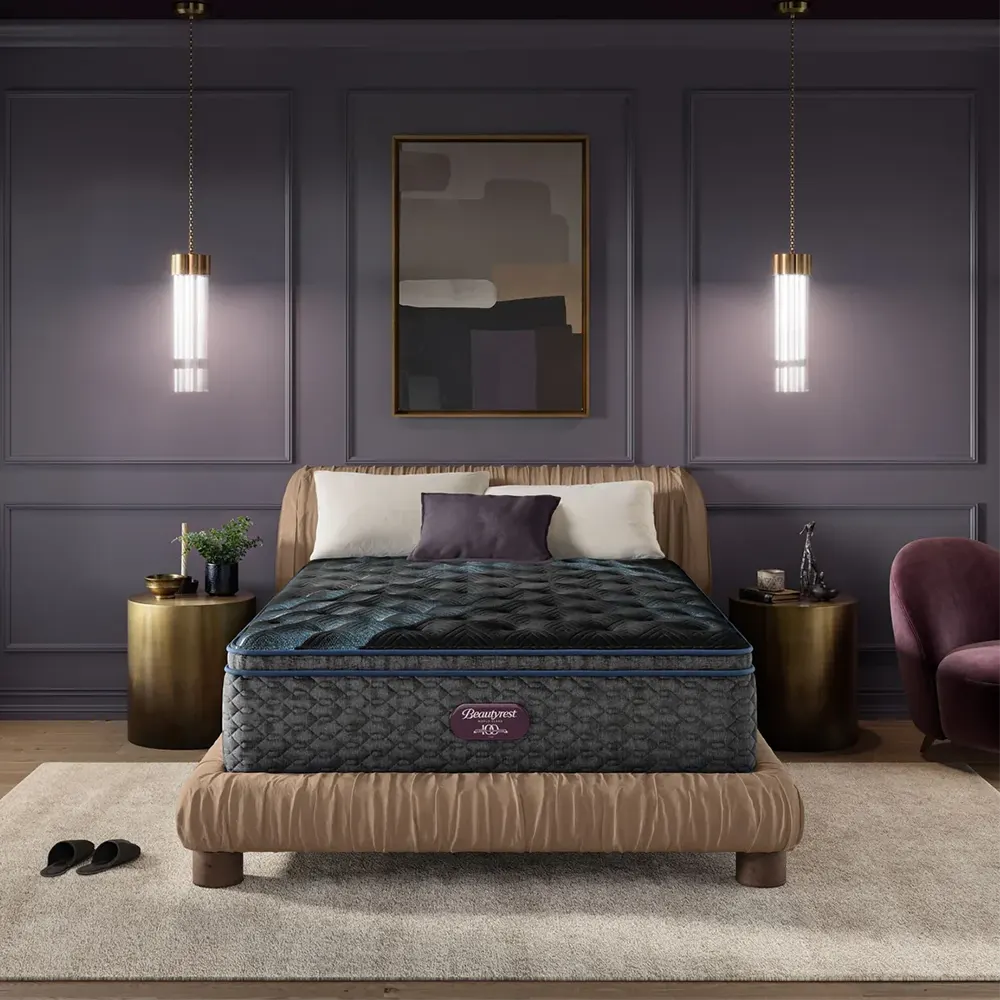Simmons Beautyrest World Class 16.25" Plush Pillow Top Mattress in a luxury bedroom lifestyle setting.
