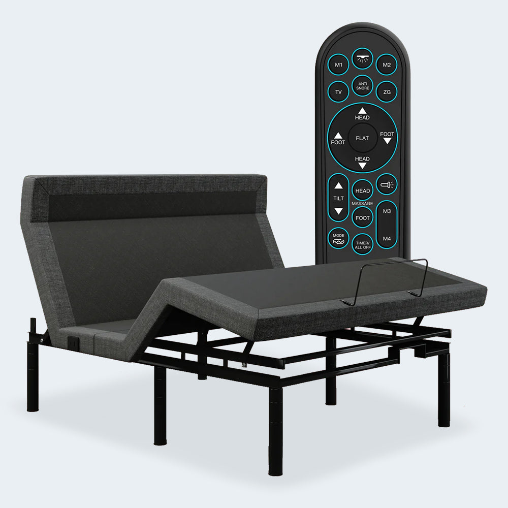 iDealBed Smart 6i custom adjustable bed base in an articulated position shown with its high-tech wireless remote featuring massage and pillow tilt.