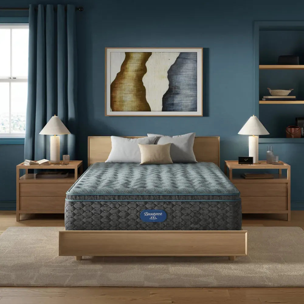 Simmons Beautyrest Core 14.25 Inch Medium Pillow Top Mattress in a modern bedroom lifestyle setting.
