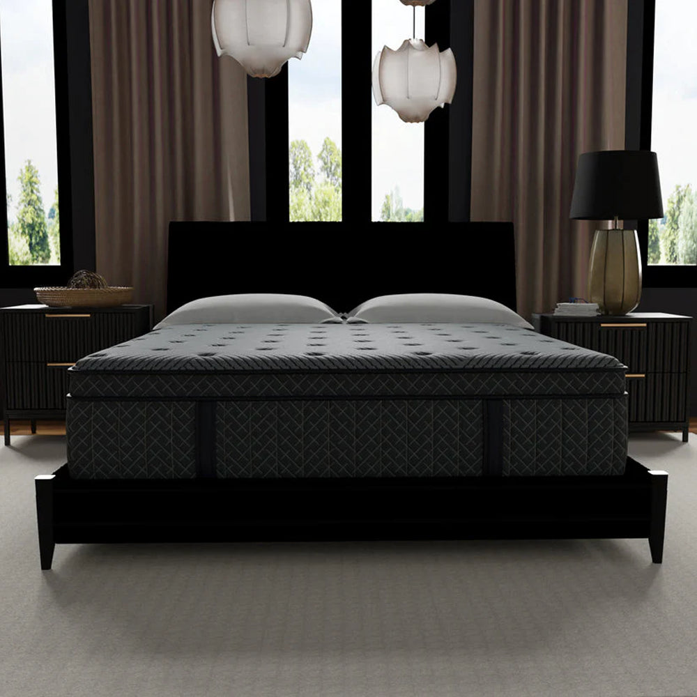 Front view of the Allureluxe Classic Bamboo Hybrid 14 inch plush mattress by South Bay on a black bed frame in a modern bedroom.

