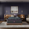Simmons Beautyrest World Class 16 Inch Plush Pillow Top Mattress in a modern, dark purple luxury bedroom.
