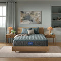 Simmons Beautyrest Core 12.5 Inch Medium Tight Top Mattress on a wooden bed frame in a modern bedroom.

