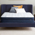 Serta Perfect Day 12 inch plush pillow top mattress in a box on a modern blue upholstered bed.
