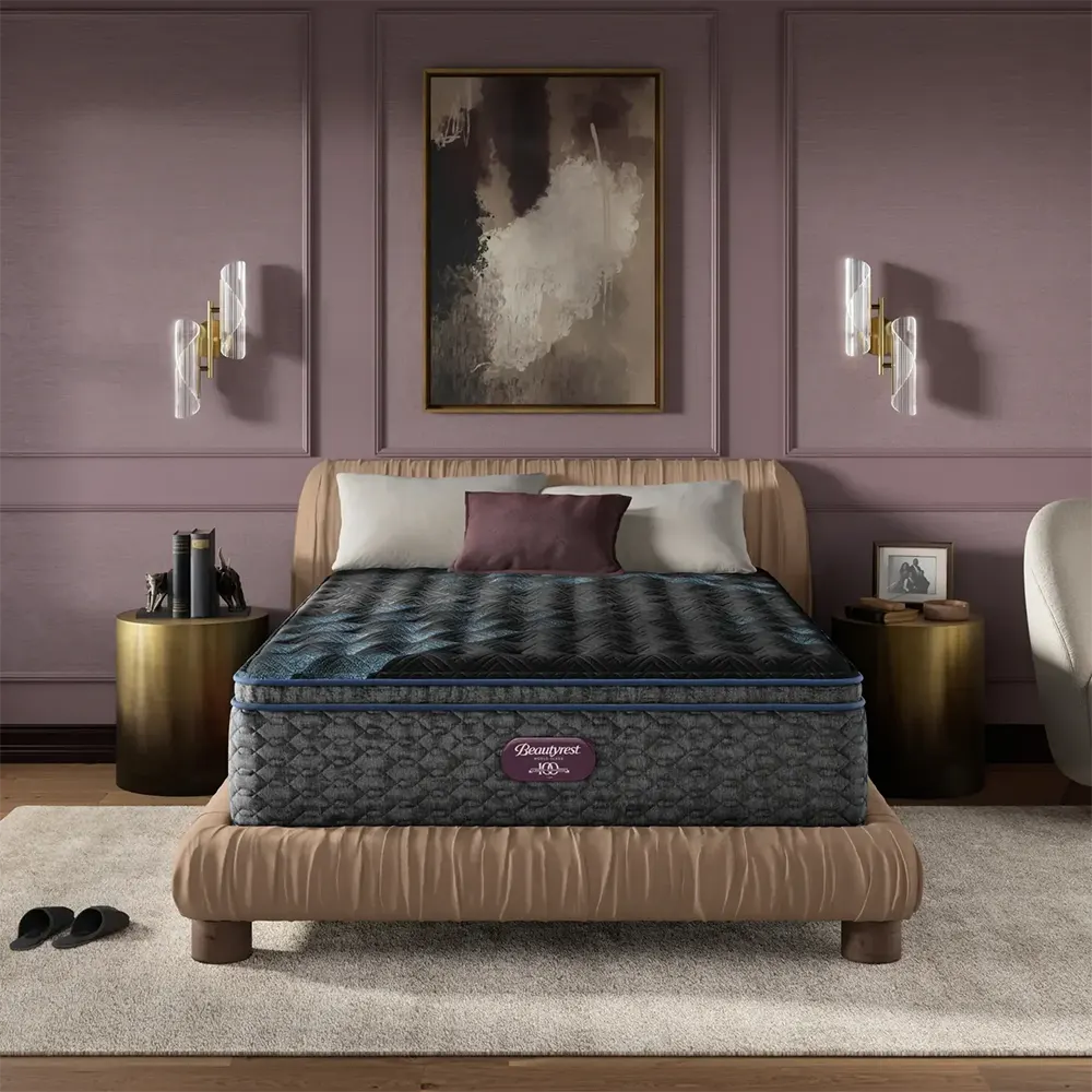 Simmons Beautyrest World Class Level Four 16.25" Firm Pillow Top Mattress in a luxury bedroom lifestyle setting.
