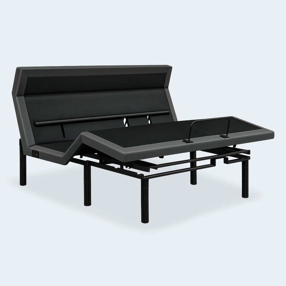 iDealBed Smart 7i custom adjustable bed base in a fully articulated position featuring motorized lumbar support and independent pillow tilt.
