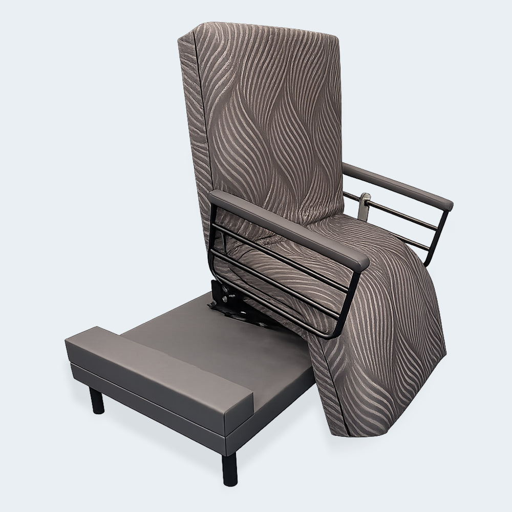 Customatic Independence Adjustable Journey Upbed rotated 90 degrees to a side-exit chair position for easy mobility.
