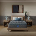 Simmons Beautyrest Level Two 14.75" Medium Firm Pillow Top Mattress in a modern, neutral bedroom setting.
