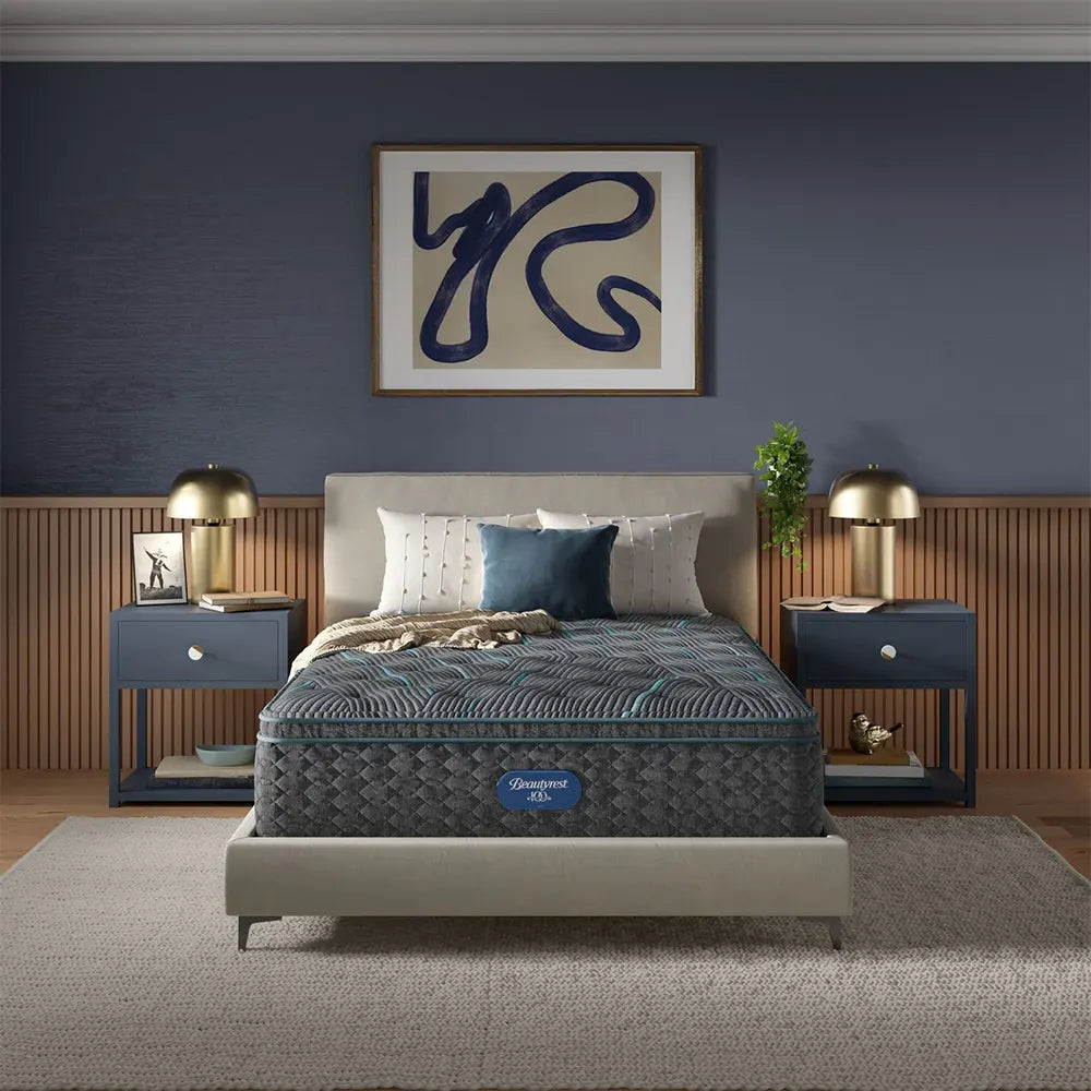 Simmons Beautyrest Level Two 14.75" Plush Pillow Top Mattress in a stylish, modern bedroom setting.
